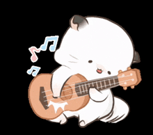 a cartoon of a cat playing a guitar with a subscribe sticker below it