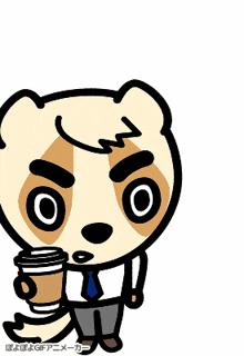 a cartoon drawing of a raccoon holding a cup of coffee with chinese writing below it