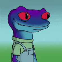 a cartoon lizard with red eyes and overalls