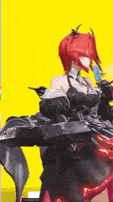 a girl with red hair and horns is holding a sword