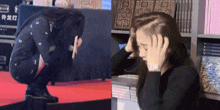 a woman is kneeling down and holding her head in front of a bookshelf
