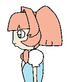 a pixel art drawing of a girl with pink hair and blue eyes standing on a white background .