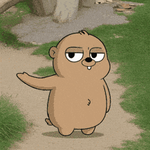 a cartoon drawing of a squirrel walking on a dirt path