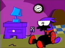 a cartoon character is sitting in front of a clock with the hands on the numbers 12 and 1