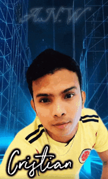 a man in a yellow shirt with the name cristian on the bottom