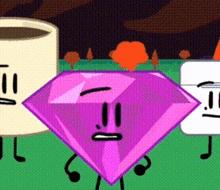 a group of cartoon characters are standing next to each other , including a purple diamond .