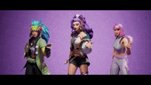 three women are standing next to each other on a purple backdrop