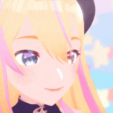 a close up of a girl 's face with blonde hair and pink streaks