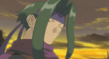 a man with green hair is holding a sword in his hand