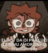 a cartoon character is sitting on a table with a knife in his hand and says elliot da oi pra luc