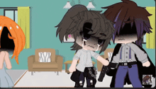 a cartoon of a man holding a gun next to a girl .