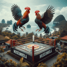 two roosters standing in a boxing ring that says museumbola