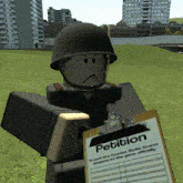 a cartoon soldier is holding a clipboard with a petition attached to it