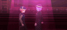 two anime characters are standing next to each other on a stage in front of a crowd .