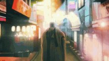 a pixelated image of a man walking down a street with a sign that says ' o ' on it