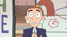 a cartoon character with braces on her teeth stands in front of a sign that says " e "