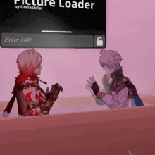 two anime characters are standing next to each other in front of a screen that says picture loader
