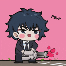 a cartoon of a man holding a gun with hearts coming out of it and the word pew above him