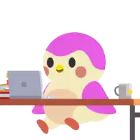 a cartoon of a bird sitting at a desk with a laptop and the words caffeinated above it