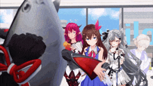 a group of anime girls are standing in front of a window with the letter l on it