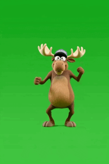 a cartoon moose with antlers is dancing on a green screen