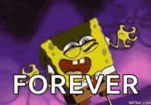 a cartoon of spongebob saying `` forever '' with a purple background .
