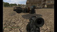 a screenshot of a video game shows a jeep and a rifle