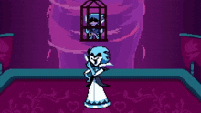 a pixel art of a woman in a dress standing next to a cage .
