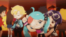 a girl with a bandage on her eye is standing next to a boy with a rose in his hand