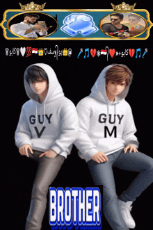 two boys wearing hoodies that say " guy v " and " guy m " are sitting next to each other
