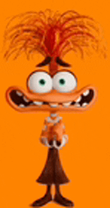 a cartoon character with a feather in his hair and a big mouth is standing on an orange background .