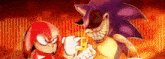 sonic the hedgehog and knuckles are standing next to each other in a cartoon .
