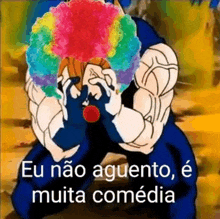a cartoon character is wearing a clown wig and covering his face .