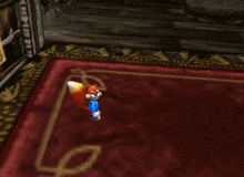a cartoon squirrel standing on a red rug