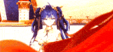 a girl with blue hair is standing in front of a large red cloth
