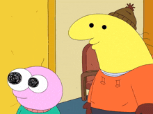 a cartoon character with a yellow head and a pink head