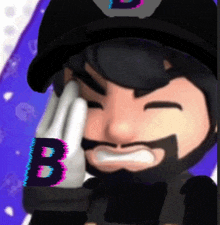 a close up of a cartoon character with the letter b on his sleeve