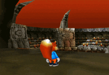 a cartoon character is standing in front of a stone wall with a red roof