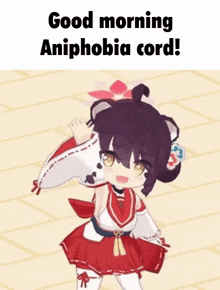 a cartoon girl in a red and white dress with a flower in her hair says good morning aniphobia cord .