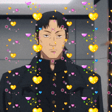a man in a black jacket is surrounded by hearts