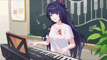 a girl in a white shirt with chinese writing on it is playing a keyboard