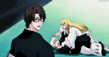 a man with glasses and a woman with blonde hair are playing with a child in an anime scene