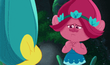a cartoon character with pink hair and blue flowers in her hair