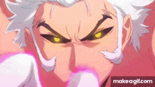 a close up of a cartoon character 's face with yellow eyes and a beard