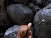 a person is holding a stick in front of a rock wall