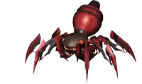a red and black spider with orange eyes is sitting on a white background