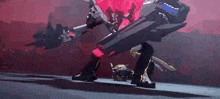 a cartoon character is holding a sword and a shield in a video game .
