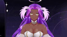 a cartoon girl with purple hair and a white dress