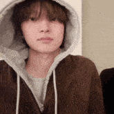 a close up of a person wearing a brown jacket with a hood