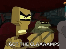 a couple of cartoon robots are sitting next to each other and one of them is angry .